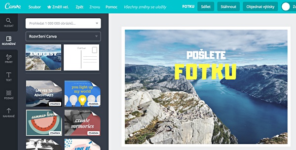 Příprava návrhu pohlednice zdarma v aplikaci Canva.